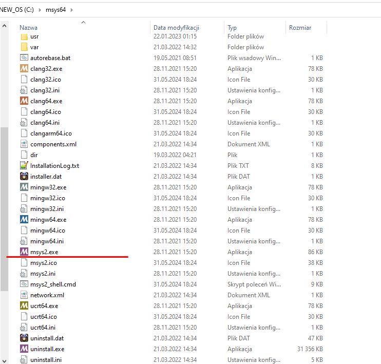 Screenshot displaying the contents of the msys64 folder on the C drive, with the file msys2.exe highlighted.