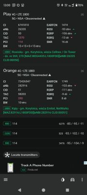 Zrzut ekranu aplikacji analizującej parametry sieci 4G LTE dla operatorów Play i Orange, prezentujący siłę i jakość sygnału.