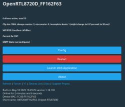 Configuration panel of the OpenRTL8720D device with large buttons for config, restart, and launching the web application.
