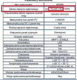 Tabela parametrów technicznych z czerwoną ramką wokół zakresu napięcia wyjściowego.