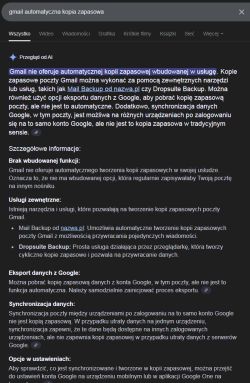 Wynik wyszukiwania Google o braku automatycznej kopii zapasowej Gmaila
