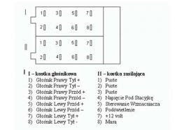 Schemat wtyczek ISO z oznaczeniami pinów dla głośników i zasilania.