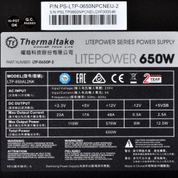 Tabliczka znamionowa zasilacza Thermaltake LITEPOWER 650W z danymi technicznymi.