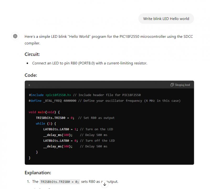 Kod w C dla mikrokontrolera PIC18F2550, pokazujący miganie diodą LED z użyciem kompilatora SDCC.