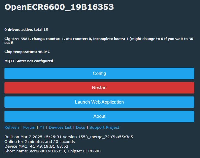 OpenECR6600 Interface Screenshot of the OpenECR6600 device management interface.