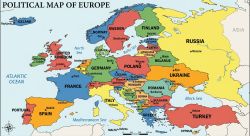 Kolorowa mapa polityczna Europy z nazwami państw i oznaczonymi stolicami