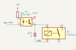 Schematic: LTV-817 optocoupler driving relay K1 with flyback diode D13, supplies +VCC and GND