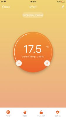 Thermostat Control App Smartphone app screen showing thermostat settings.