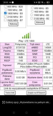 Ekran aplikacji pokazujący techniczne parametry połączenia LTE 1800 MHz z siecią Play.