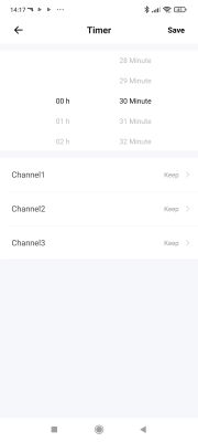 A screenshot of the eWeLink mobile app showing timer settings set to 30 minutes and three channel options.
