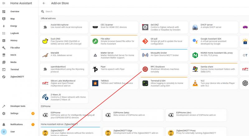 View of the Home Assistant panel with the Add-on Store open, highlighting Zigbee2MQTT.