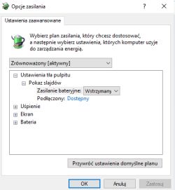 Okno zaawansowanych opcji zasilania w systemie Windows 10 z aktywnym planem Zrównoważony