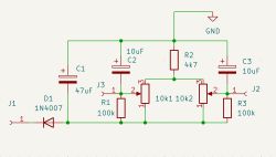 A schematic of a power supply with capacitors and resistors, showing labeled component values.