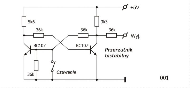 Układ on/off z 1 przyciskiem dla diody LED z tranzystorami, opornikami i kondensatorami
