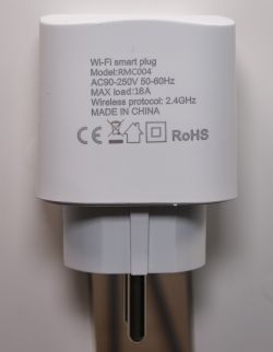White Wi-Fi smart plug with model RMC004 markings.
