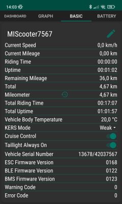 Ekran aplikacji z danymi hulajnogi elektrycznej, zakładka BASIC, prędkość 0 km/h, zasięg 36 km