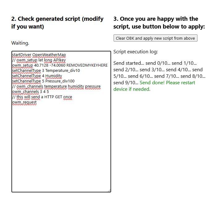 The image shows a user interface for generating scripts for OpenWeatherMap with script text and sending log.
