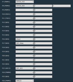 GPIO interface configuration showing a list of pins and their functions.