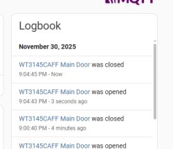 Event log from November 30, 2025 showing WT3145CAFF door opening and closing.