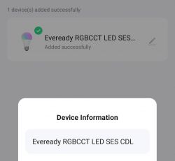 Device information showing added Eveready RGB CCT LED SES bulb.