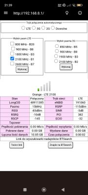 Zrzut ekranu ustawień połączenia LTE i statystyk sieci.