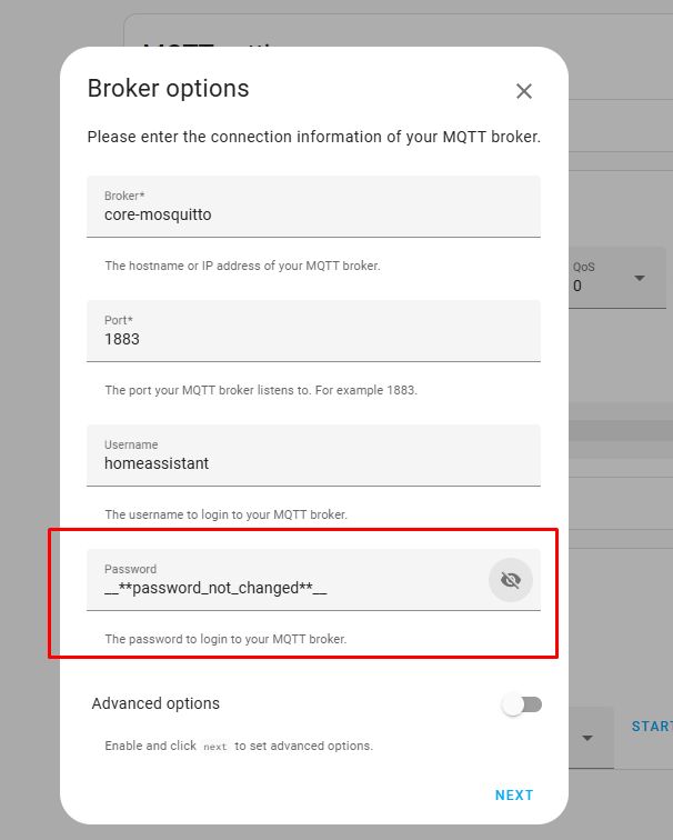 MQTT Broker Settings with Hidden Password MQTT broker settings message in Home Assistant with password __**password_not_changed**__.