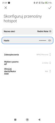 Ekran konfiguracji przenośnego hotspotu na smartfonie.