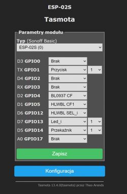 ESP-02S module configuration interface in Tasmota software.