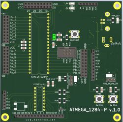 Widok płytki PCB z komponentami i ścieżkami, z procesorem ATMEGA 1284P.