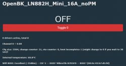 OpenBK interface screen with technical information and Toggle 0 button.