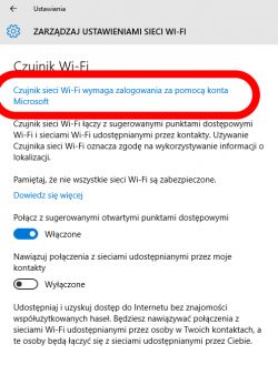 Zrzut ekranu ustawień sieci Wi-Fi z widocznym komunikatem o konieczności logowania do czujnika sieci Wi-Fi za pomocą konta Microsoft.