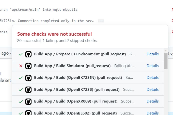 Screenshot of continuous integration test results showing errors in a Pull Request.
