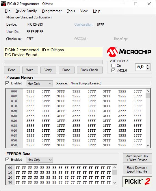 PICKIT 2 PROGRAMMING Interface PICKIT 2 software interface with connected PIC12F683 chip.