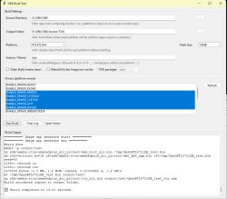 “OBK Build Tool” window with build settings and output log showing “Build completed in 13.20 seconds.”
