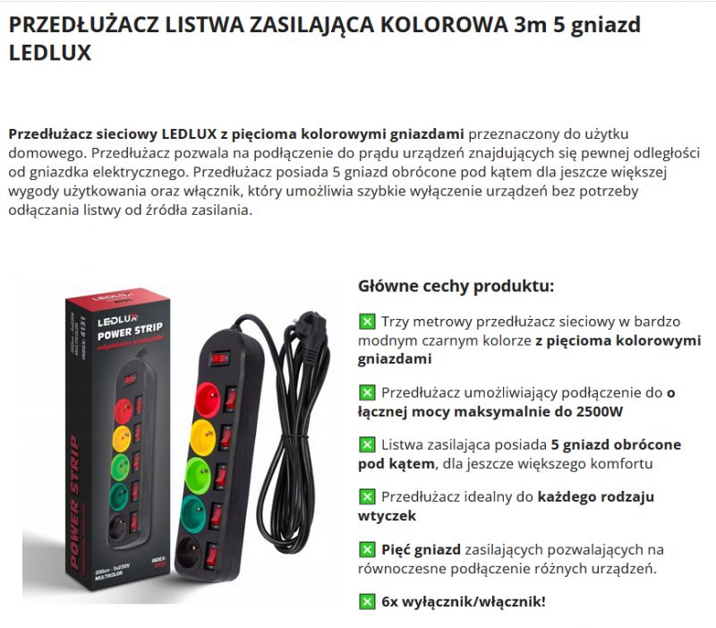 Przedłużacz Ledlux z pięcioma kolorowymi gniazdami i osobnymi wyłącznikami.