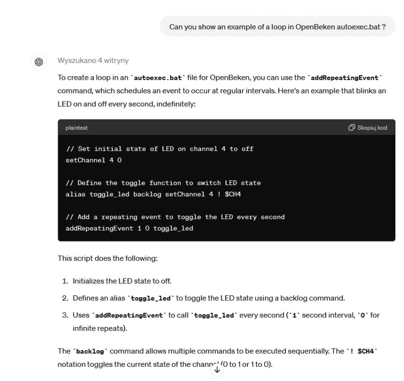 Przykład pętli w pliku autoexec.bat dla OpenBeken z użyciem komendy addRepeatingEvent do migania diodą LED.