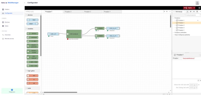 f&home WebManager Configurator Interface – Logic Flow View Screenshot of the f&home WebManager configuration interface showing a logic flow diagram.