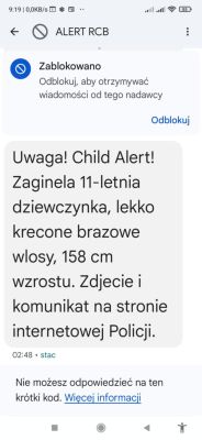 Zrzut ekranu wiadomości SMS z systemu ALERT RCB o zaginionej dziewczynce, z widoczną blokadą nadawcy.