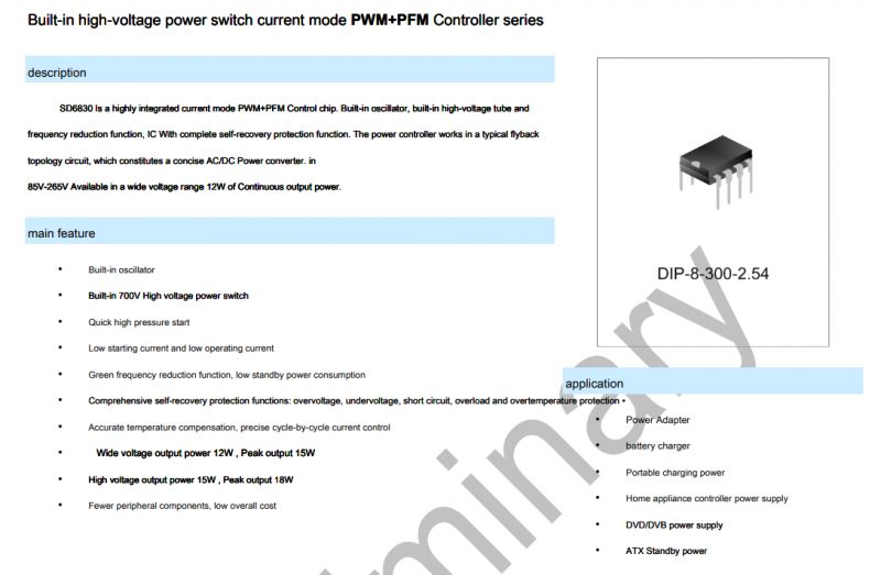 Fragment dokumentacji technicznej układu SD6830 z opisem i rysunkiem obudowy