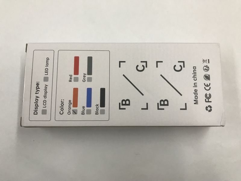 White product box with display-type and color options printed, plus “Made in China”