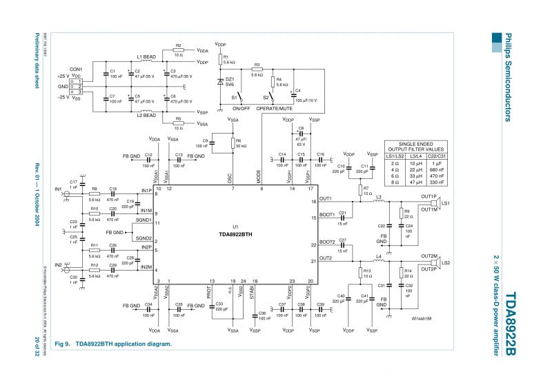 Schemat blokowy wzmacniacza TDA8922BTH