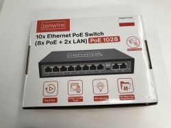 Box of Zenwire PoE 1028 Ethernet PoE switch with device image and feature icons