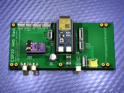 Render of an ESP32 Web Radio PCB with various components and connectors.