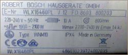 Tabliczka znamionowa pralki Bosch WLX16460PL z danymi technicznymi
