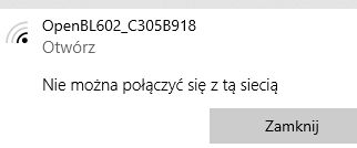 Windows message showing failed Wi-Fi connection to network OpenBL602_C305B918
