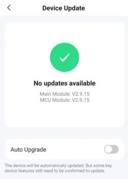 Device Update Screen with Modular System 2.9.15 Device update screen showing no available updates for main and MCU modules version 2.9.15.