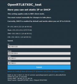 IP configuration interface with static and DHCP settings for OpenRTL87X0C_test.
