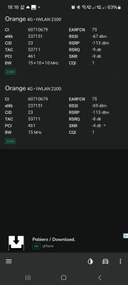 Zrzut ekranu z parametrami sieci komórkowej Orange 4G IWLAN 2100 dla dwóch kart SIM.