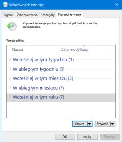Okno „Właściwości pliku” z zakładką „Poprzednie wersje” wybranej dla pliku info.xlsx