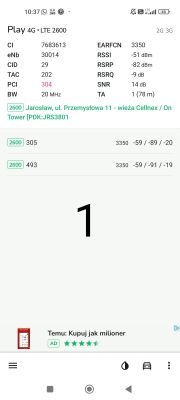 Zrzut ekranu aplikacji sieciowej pokazującej parametry LTE, takie jak RSSI, RSRP i SNR, z reklamą u dołu.